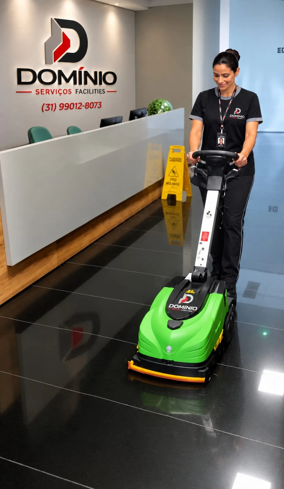 Profissional de facilities operando uma lavadora de pisos em um lobby corporativo